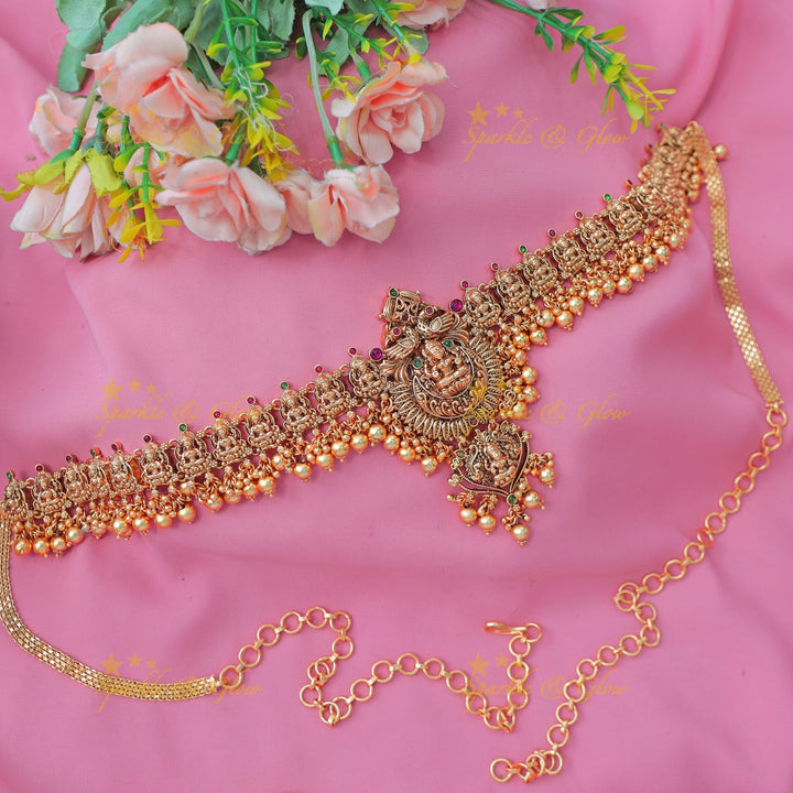 Beautiful Antique Gold alike Lakshmi Temple Hip Chain with Pearl Drops