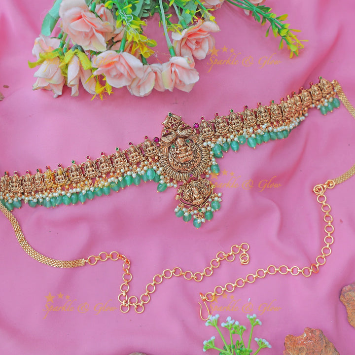 Beautiful Antique Gold alike Lakshmi Temple Hip Chain with Pearl Drops