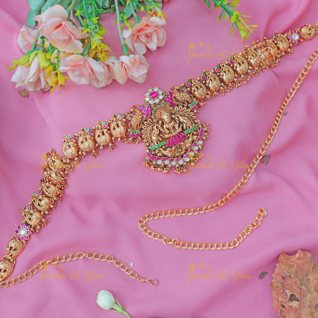 Stunning Goddess Lakshmi Pink & Green Stone Temple Hipchain