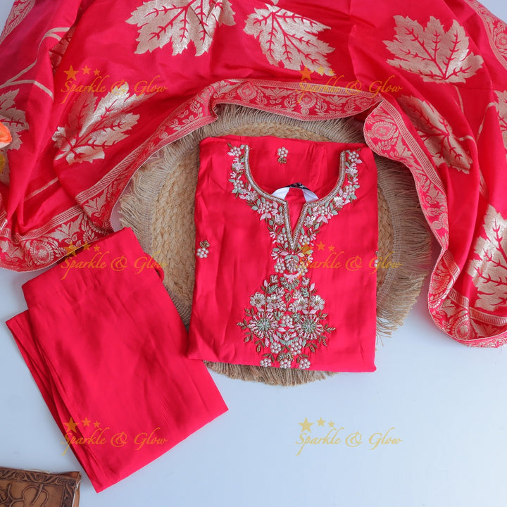 Gorgeous Roman Silk Kurti pant with Banarasi jacquard Dupatta set- Red