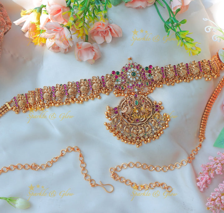 Stunning Antique Gold alike Lakshmi Temple Hip Chain with Ruby & Emerald Accents