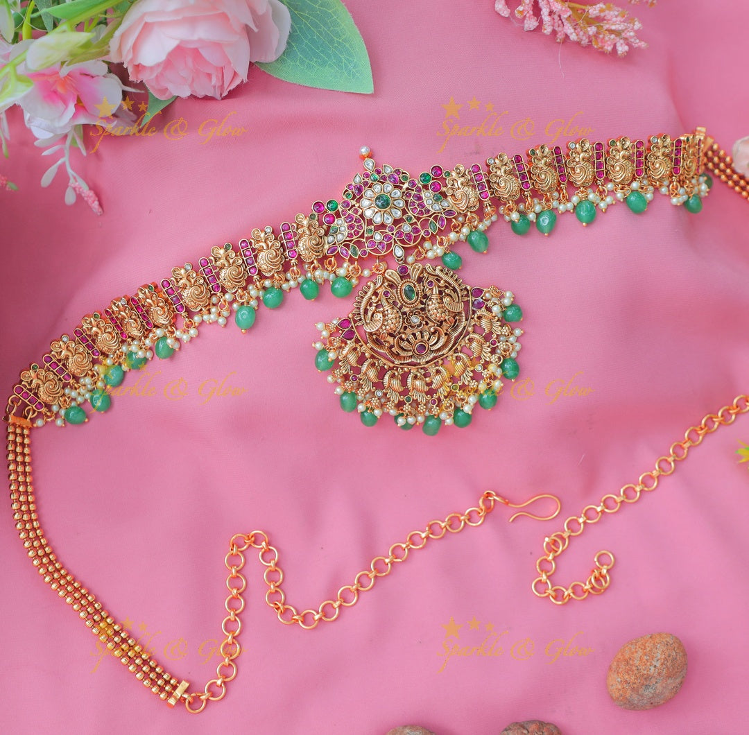 Stunning Antique Gold alike Lakshmi Temple Hip Chain with Ruby & Emerald Accents