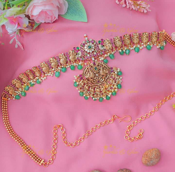 Stunning Antique Gold alike Lakshmi Temple Hip Chain with Ruby & Emerald Accents
