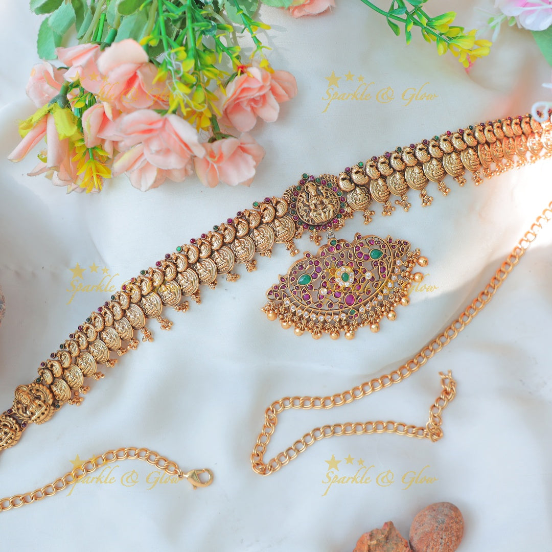 Stunning Antique gold alike Coin Hipchain with Detachable Pendant & Temple Motif