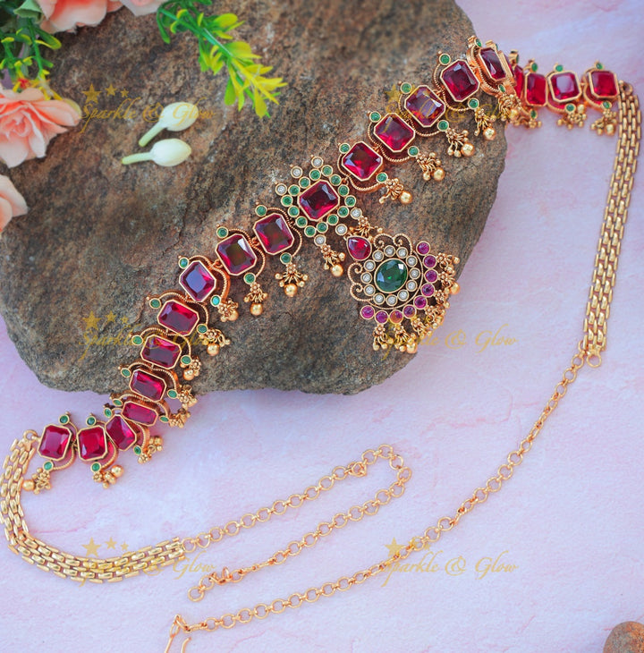 Stunning Ruby Stone Hip Chain with Designer Pendant & Green Bead Drops