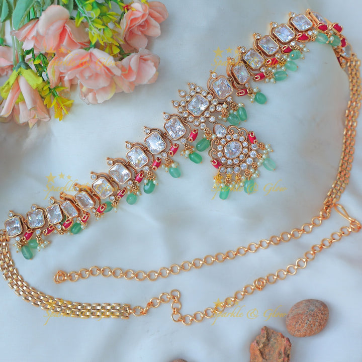 Stunning Ruby Stone Hip Chain with Designer Pendant & Green Bead Drops