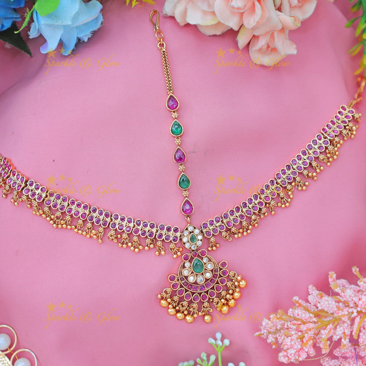 Grand Kemp Floral Maang Tikka with Pink & Green Stones and Pearl Danglers