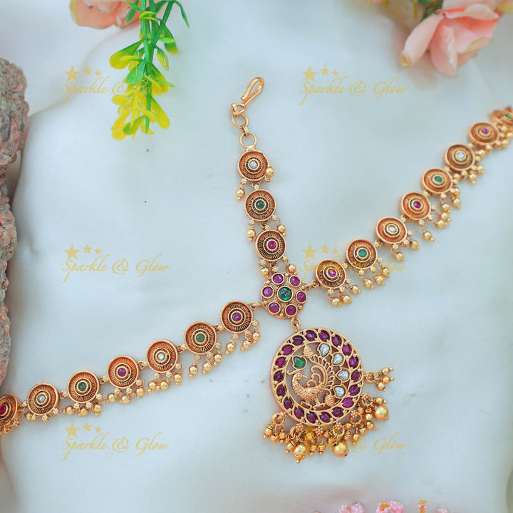 Stunning Antique Round Maang Tikka with Peacock Pendant and Multi-Color Stones
