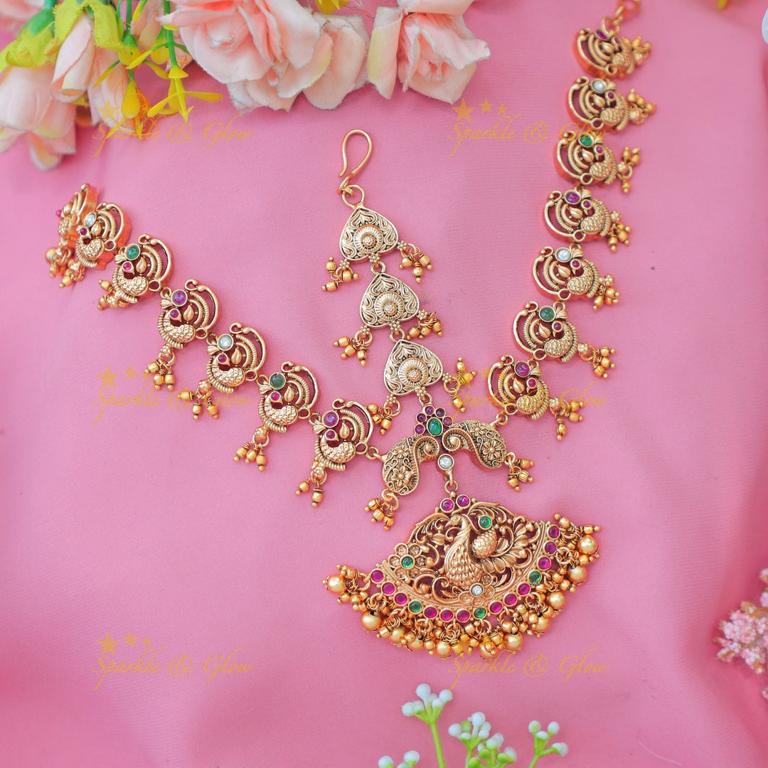 Elegant Antique Peacock Maang Tikka with Green Beads and Temple Design