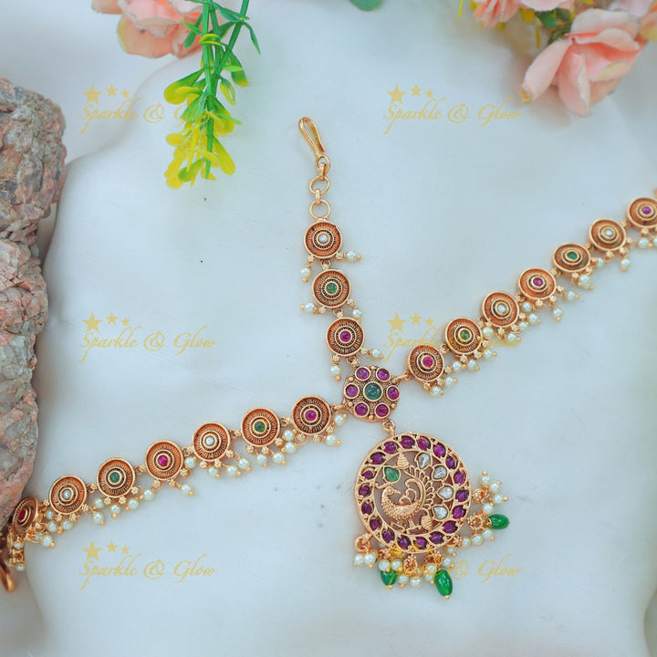 Stunning Antique Round Maang Tikka with Peacock Pendant and Multi-Color Stones