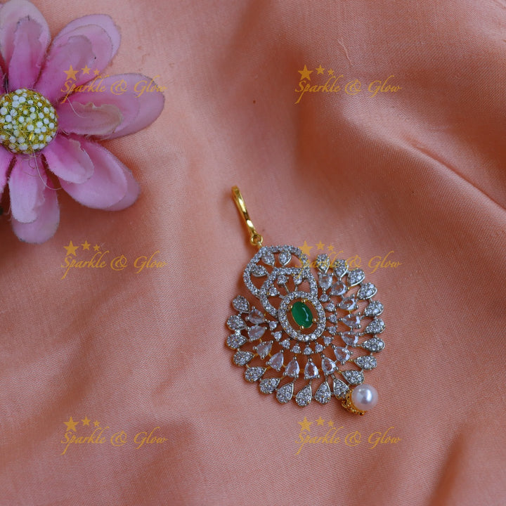 Elegant GJ polish AD Floral Maang tikka with Green Stone & Pearl Drop