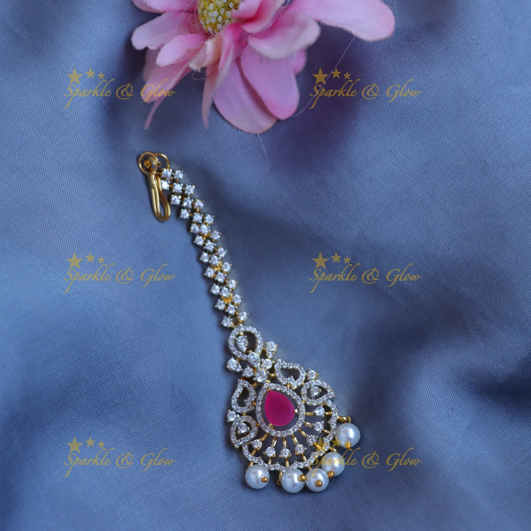 Elegant GJ polish Floral AD Maang tikka with Ruby Pink Center & Pearl Drops