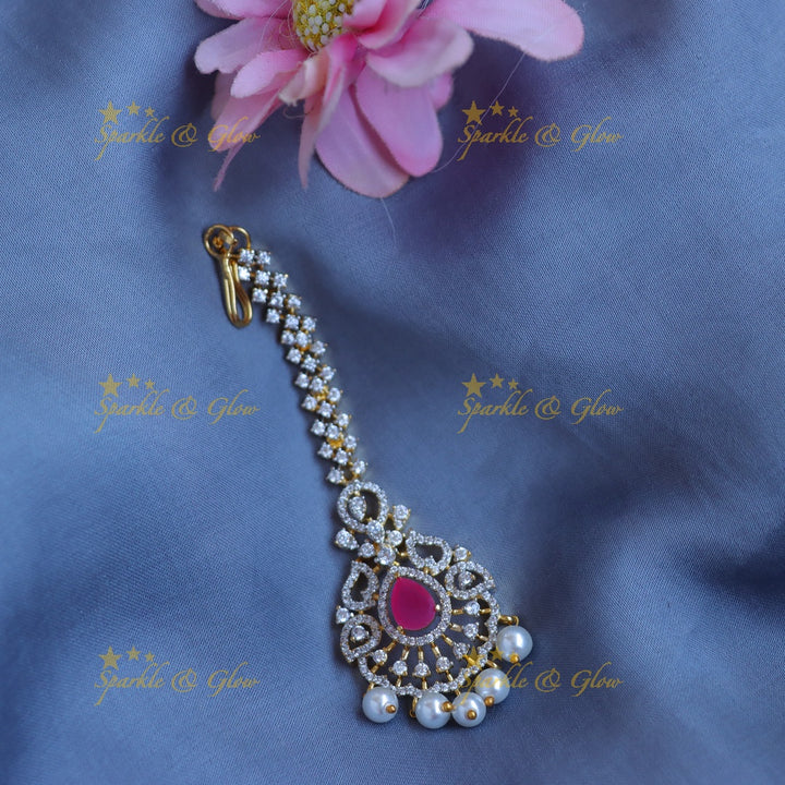 Elegant GJ polish Floral AD Maang tikka with Ruby Pink Center & Pearl Drops