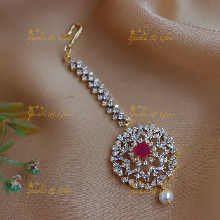 Statement GJ polish Star Floral AD Maang tikka with Pearl drop