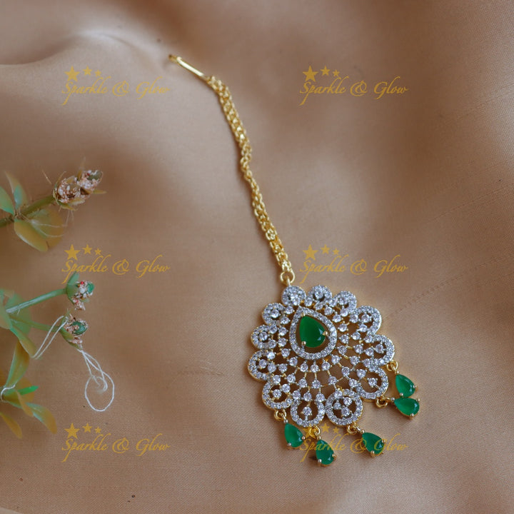 Sparkling GJ polish Floral designer AD Maang tikka with Teardrop hangings
