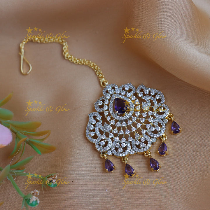 Elegant GJ polish Floral Mango carved AD Maang tikka with Teardrop Accents