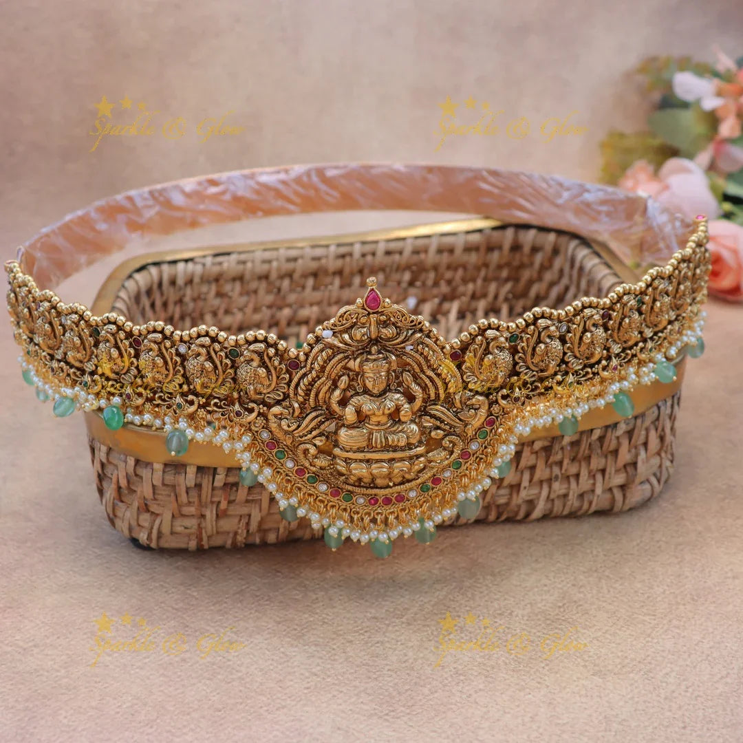 Antique Goddess Lakshmi Hipbelt with Green Beads and Pearls