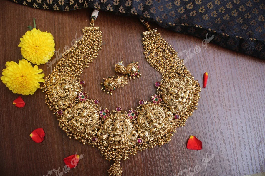 Gold alike polished grand pancha Lakshmi gold cluster necklace - Sparkle and Glow