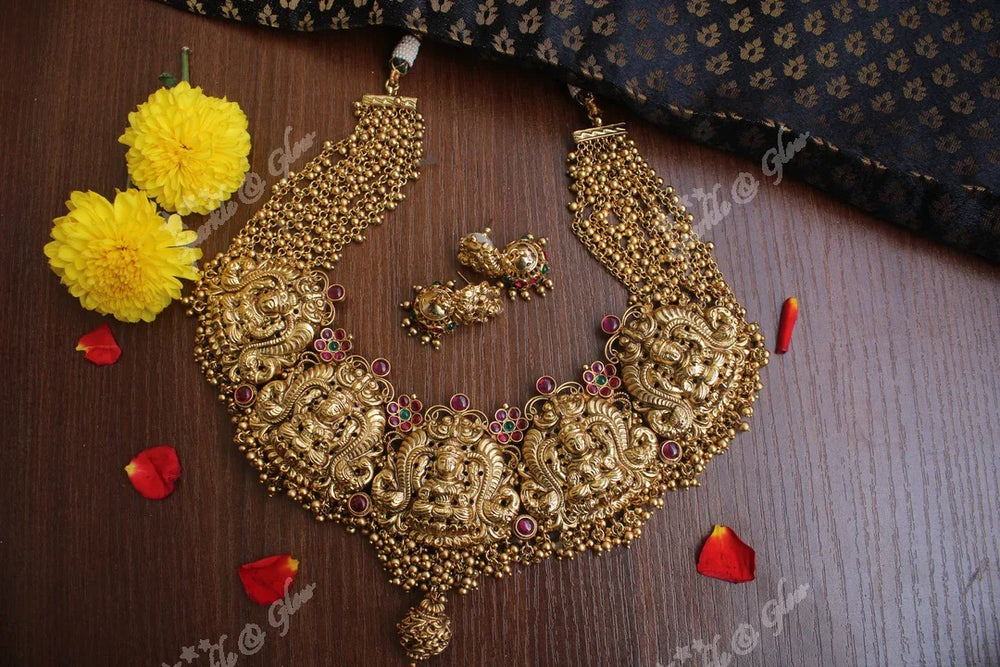 Gold alike polished grand pancha Lakshmi gold cluster necklace - Sparkle and Glow