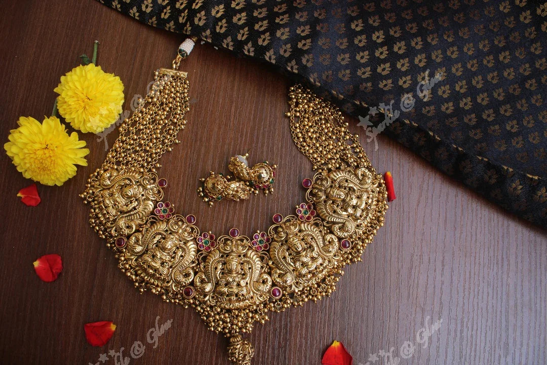 Gold alike polished grand pancha Lakshmi gold cluster necklace - Sparkle and Glow