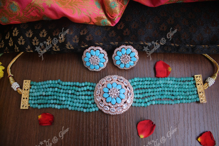 Onex beads rose gold polish AD stones high neck choker -Mint Green