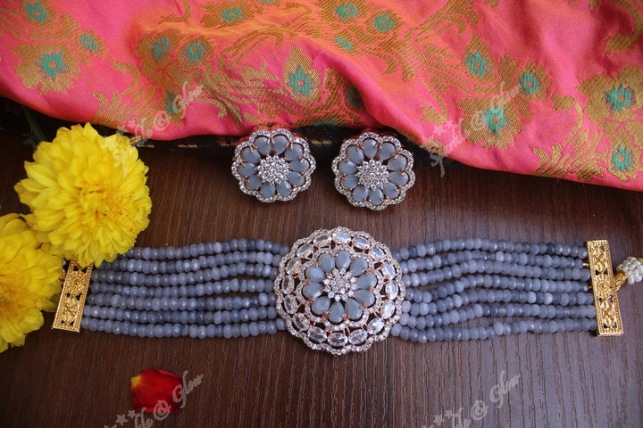 Onex beads rose gold polish AD stones high neck choker -Mint Green