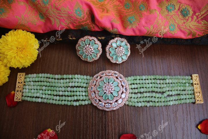 Onex beads rose gold polish AD stones high neck choker -Reddish Pink