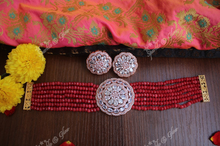 Onex beads rose gold polish AD stones high neck choker -Mint Green