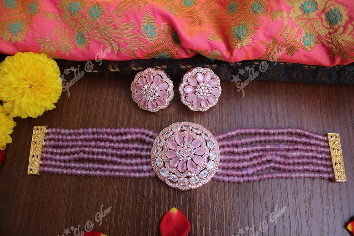 Onex beads rose gold polish AD stones high neck choker -Reddish Pink