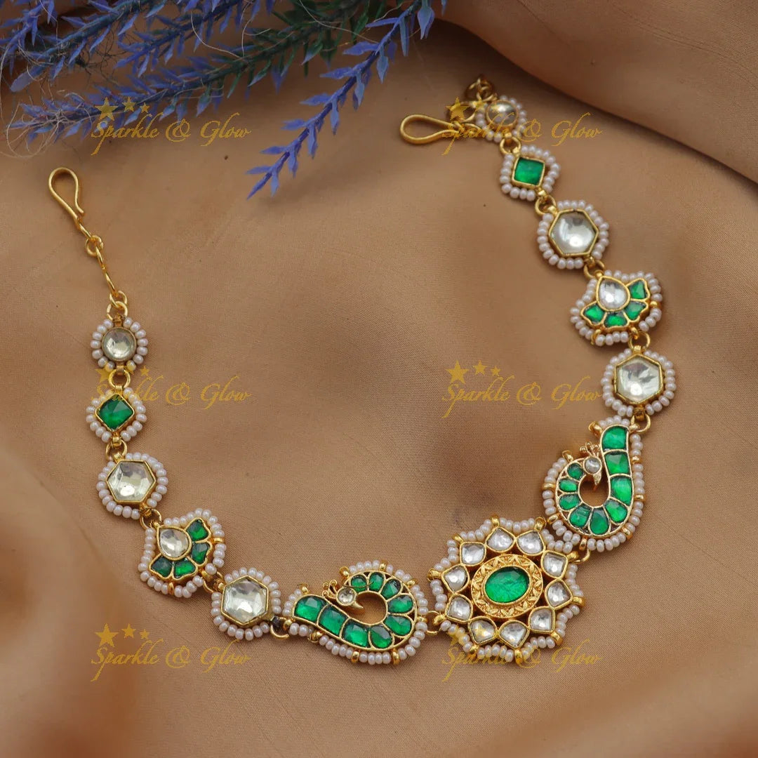 Emerald Jadau Kundan Sheeshphool with Floral & Paisley Motifs