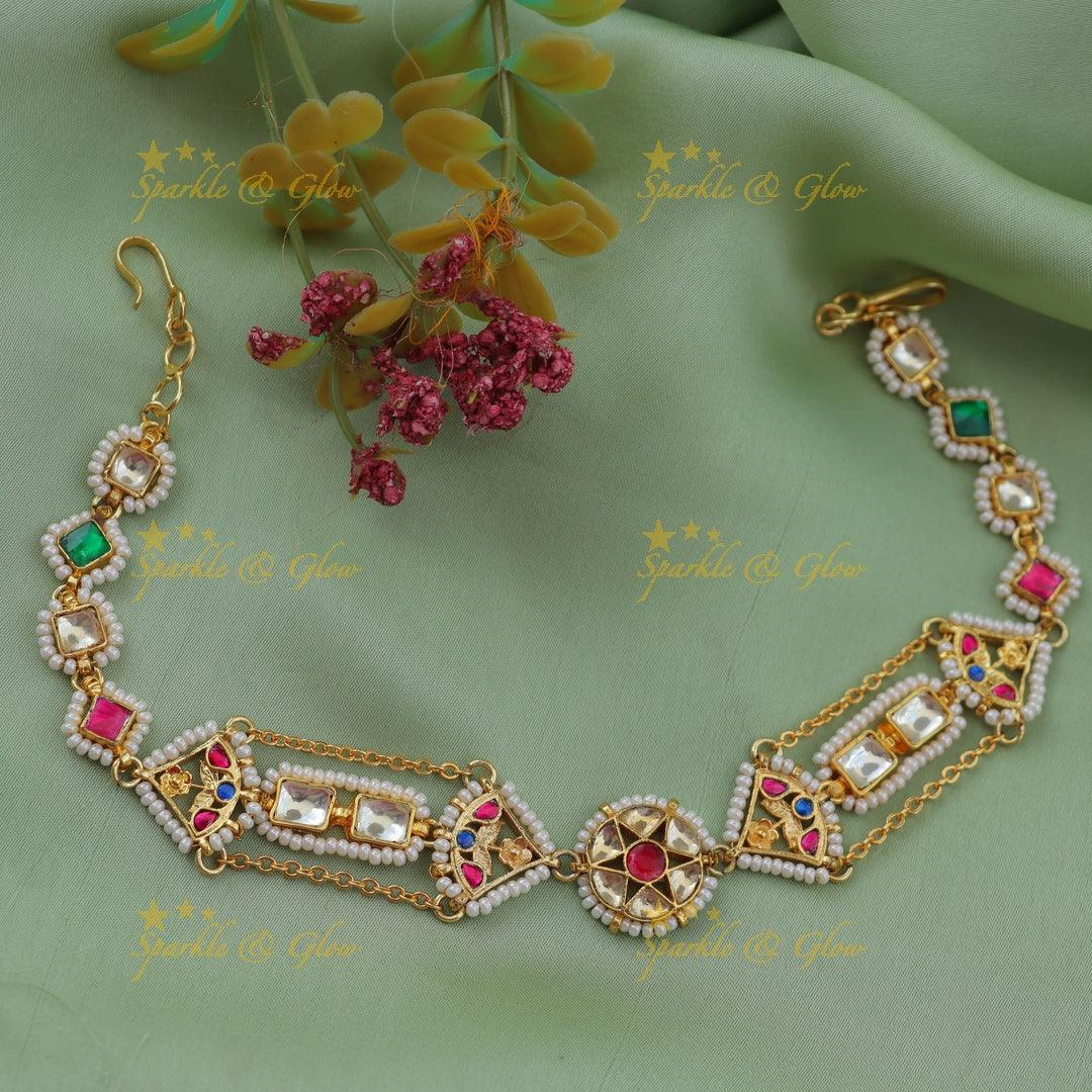Jadau Kundan Sheeshphool with Geometric Motifs and Pearl Border