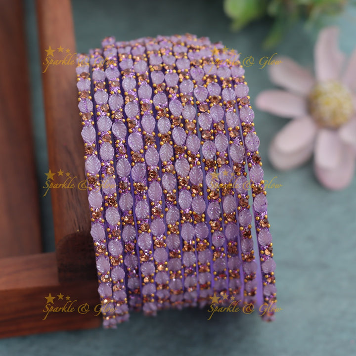 Elegant Leaf-Patterned Stone Glass Bangles Set