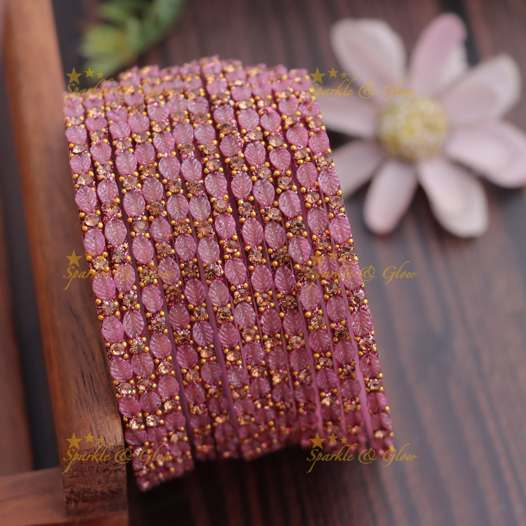 Elegant Leaf-Patterned Stone Glass Bangles Set