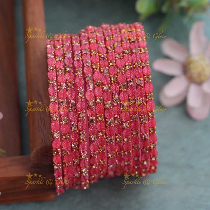 Elegant Leaf-Patterned Stone Glass Bangles Set