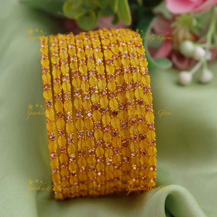 Elegant Leaf-Patterned Stone Glass Bangles Set
