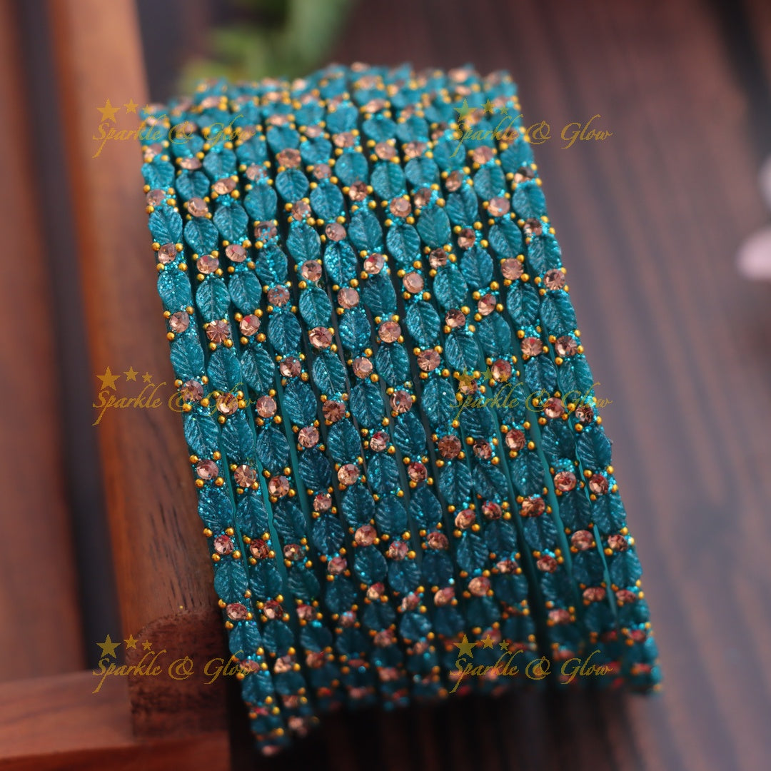 Elegant Leaf-Patterned Stone Glass Bangles Set