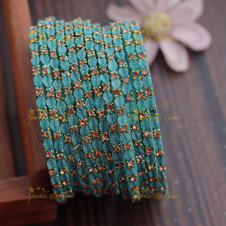 Elegant Leaf-Patterned Stone Glass Bangles Set