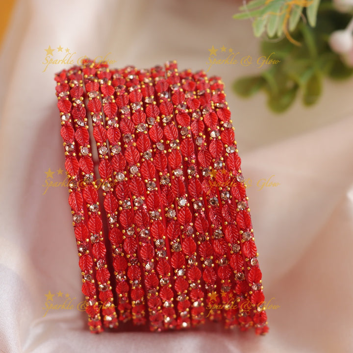 Elegant Leaf-Patterned Stone Glass Bangles Set