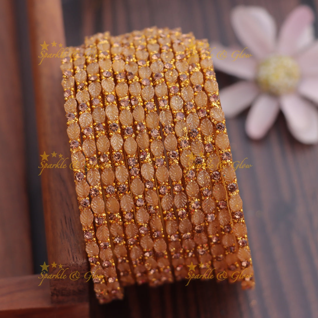 Elegant Leaf-Patterned Stone Glass Bangles Set