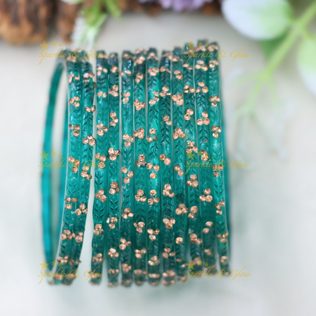 Stunning Glass Bangles with Stone Embellishments – Set of 12