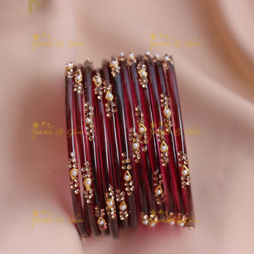 Elegant Glass Bangles with Pearl & Stone Accents