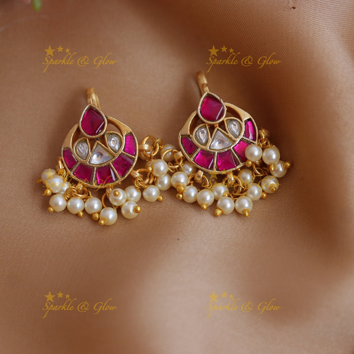 Traditional Half Moon design Jadau Kundan Bugadi with Pearl Drops