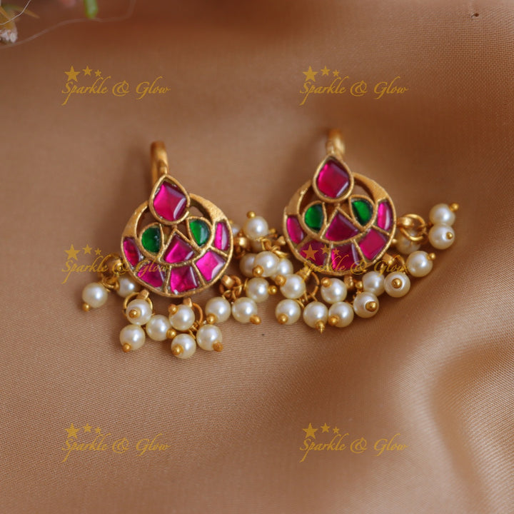 Traditional Half Moon design Jadau Kundan Bugadi with Pearl Drops