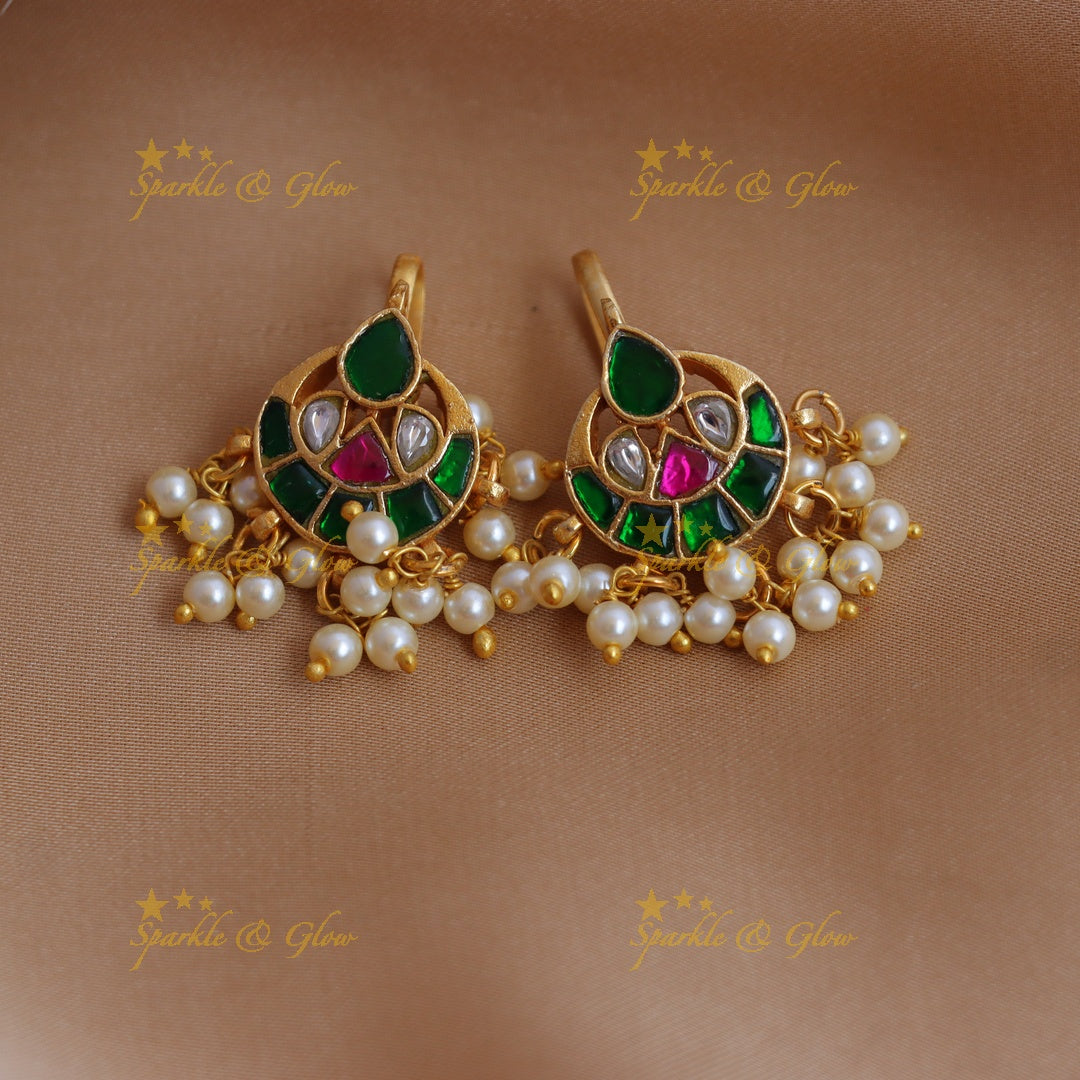 Traditional Half Moon design Jadau Kundan Bugadi with Pearl Drops