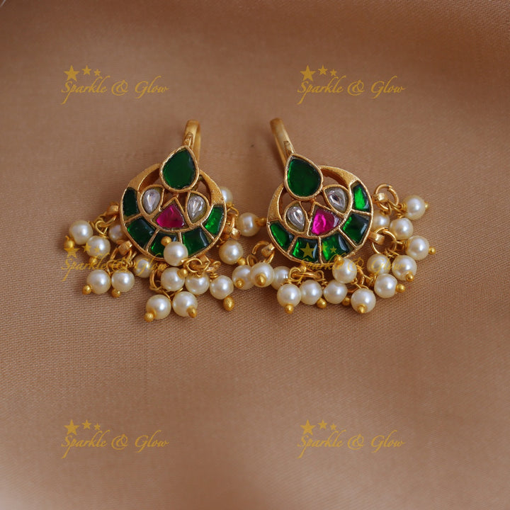 Traditional Half Moon design Jadau Kundan Bugadi with Pearl Drops