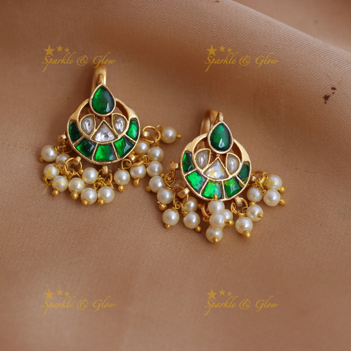 Traditional Half Moon design Jadau Kundan Bugadi with Pearl Drops