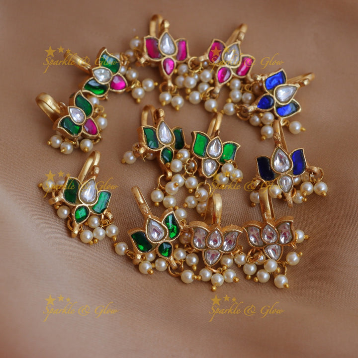 Stunning Jadau Kundan Lotus Motif Bugadi with Green-Pink Enamel and Pearl Drops