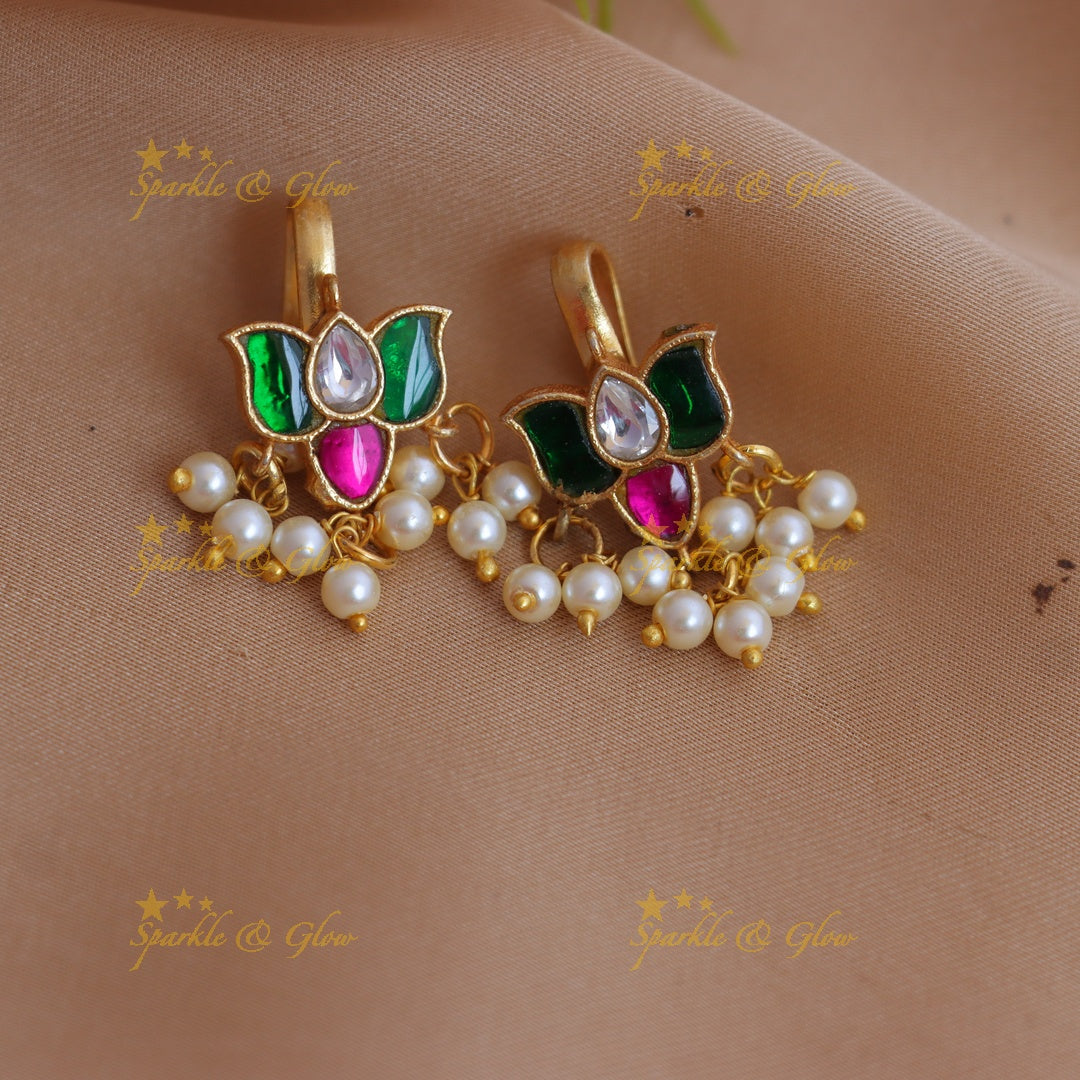 Stunning Jadau Kundan Lotus Motif Bugadi with Green-Pink Enamel and Pearl Drops