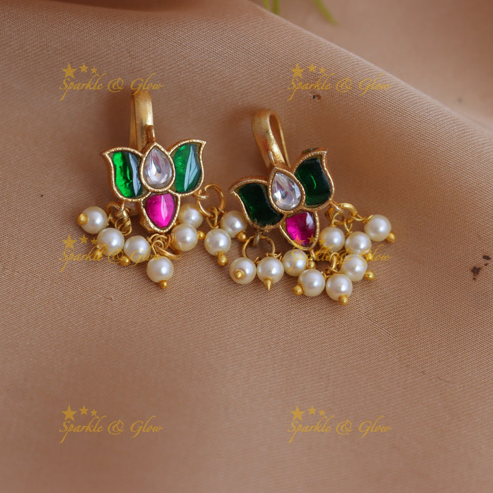 Stunning Jadau Kundan Lotus Motif Bugadi with Green-Pink Enamel and Pearl Drops