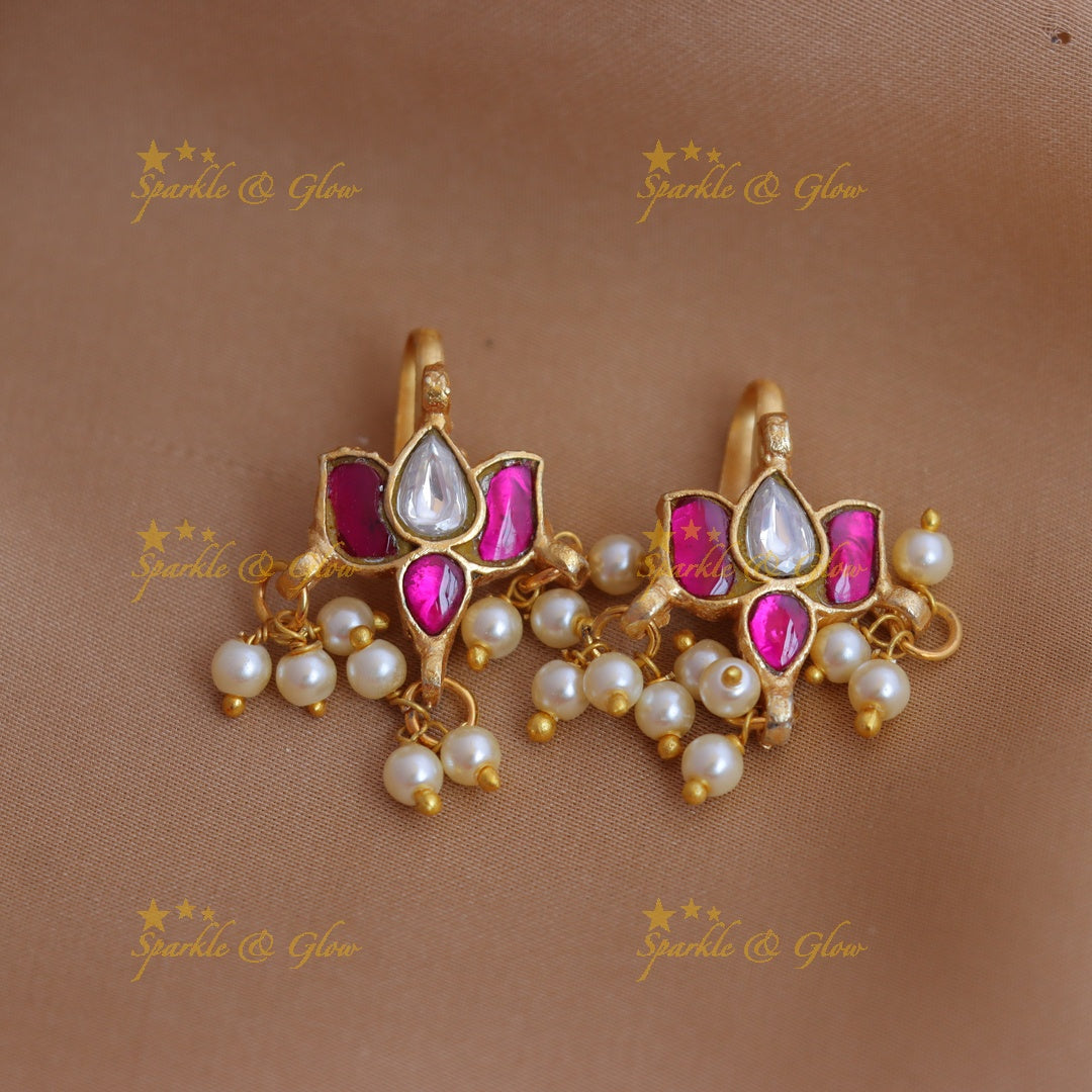 Stunning Jadau Kundan Lotus Motif Bugadi with Green-Pink Enamel and Pearl Drops